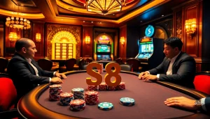 Engage in high-stakes poker at the S8 casino with vibrant chips and a luxurious table setting.