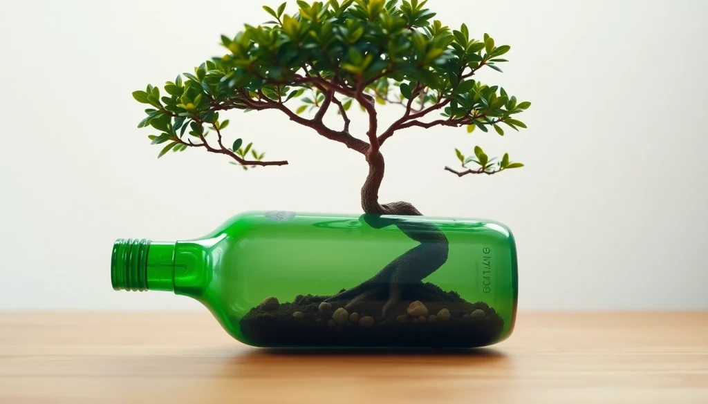 Bonsai tree in a green bottle container, showcasing delicate foliage and rich details, emphasizing BOTOL169.