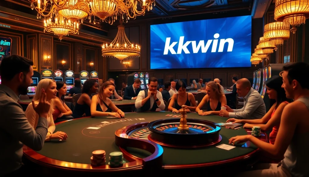 Kkwin casino scene showcasing engaging gameplay and luxurious atmosphere with poker chips and roulette wheel.