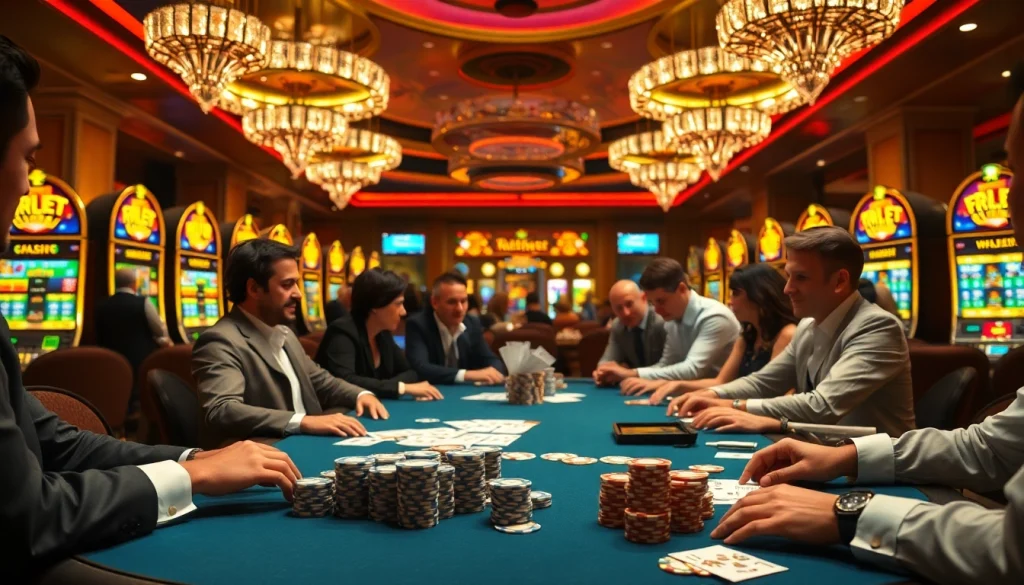 Players engaging in an exciting poker game with credit stakes involved in a luxurious casino atmosphere.