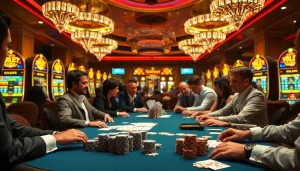 Players engaging in an exciting poker game with credit stakes involved in a luxurious casino atmosphere.