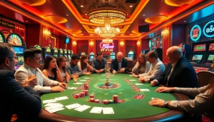 B52 Club players enjoying a lively poker game with chips and elegant casino ambiance.