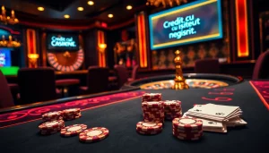 Experience excitement at a casino featuring 'Credit cu istoric negativ' with poker chips and cards.
