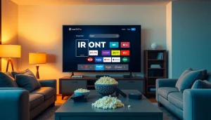 Enjoying Iron TV Pro streaming in a modern living room setting with a cozy ambiance.