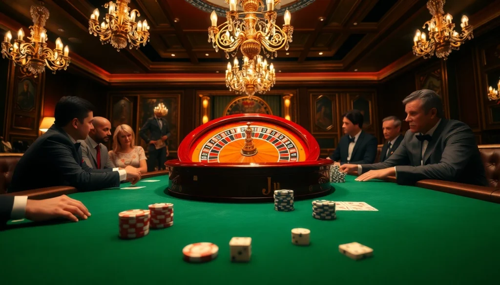 Exciting poker game featuring S8 chips and a roulette wheel in a luxury casino setting.