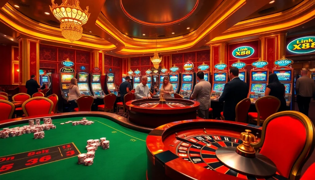 Excited players engaging at a luxurious casino table while showcasing Link X88 decorations.