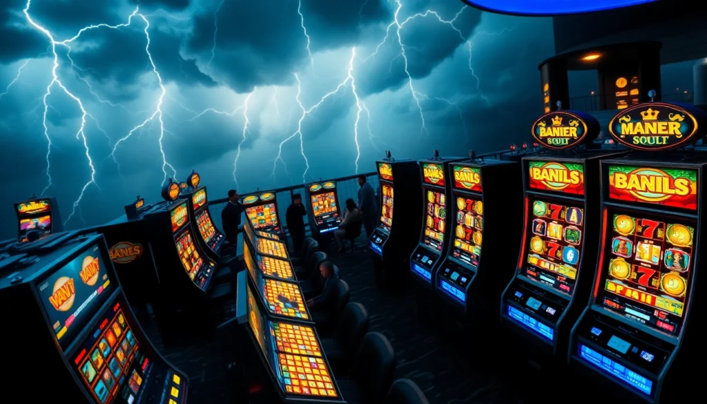Thunder-themed casino scene showcasing players engaged at slot machines.