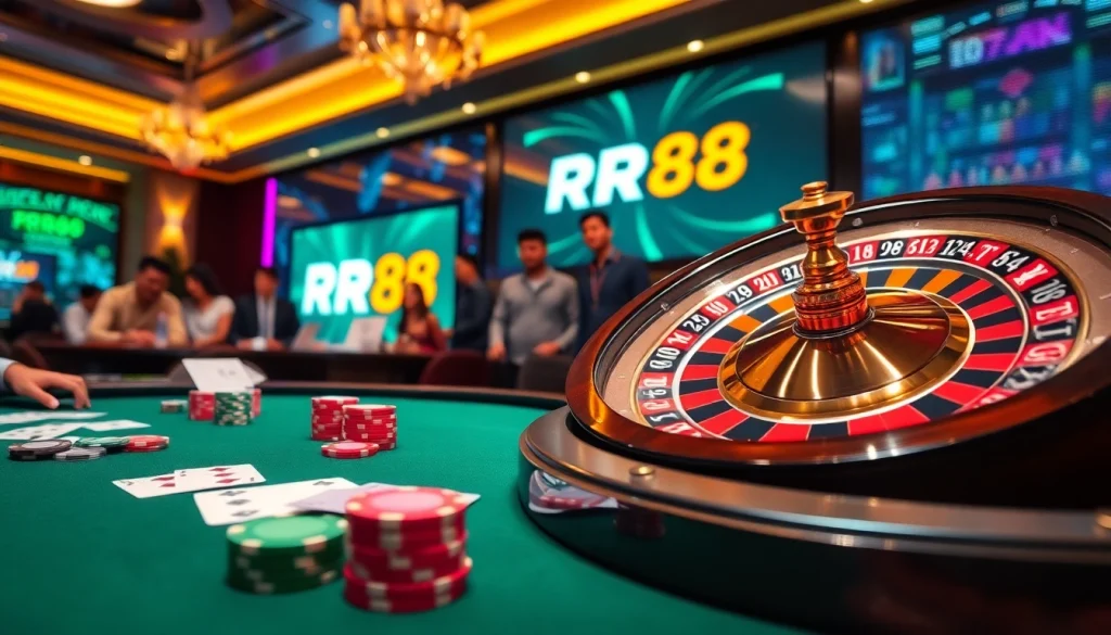 Engaging scene of online gambling at RR88 with vibrant poker chips and roulette wheel.