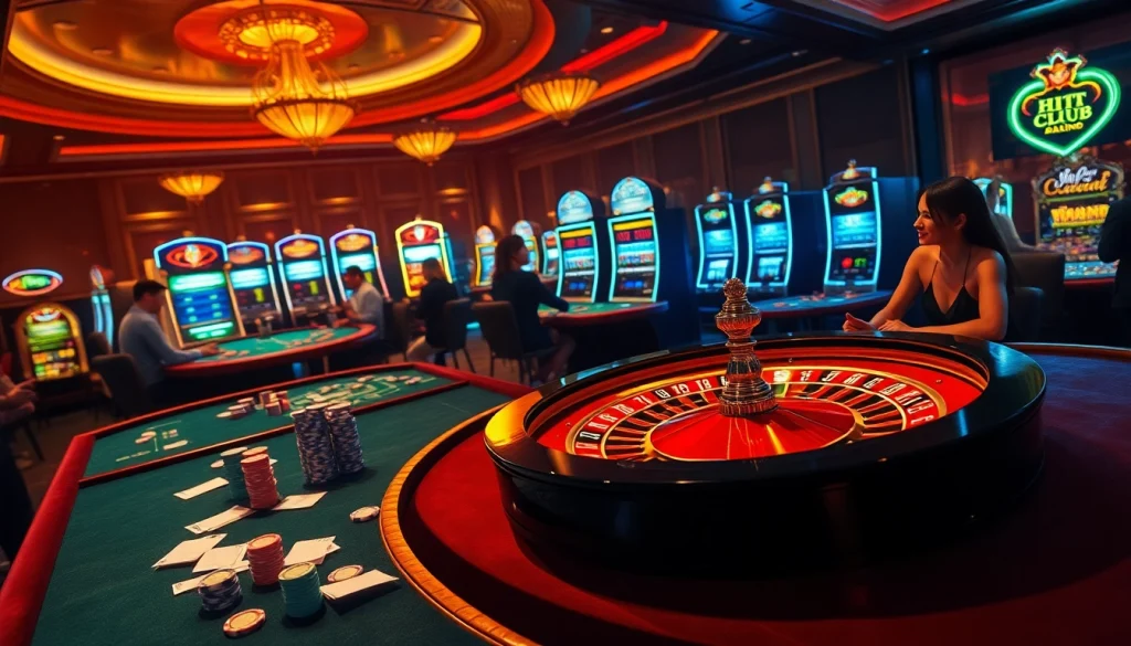 Engaging players at the Hit Club activate lively casino gaming action with roulette and poker.