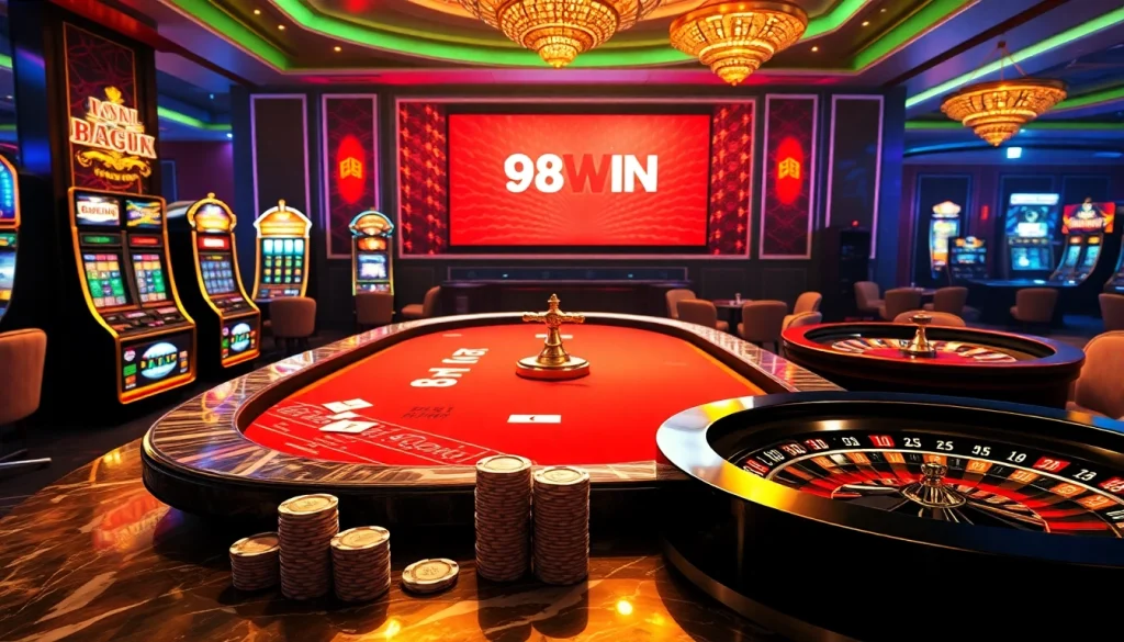 Dynamic casino scene showcasing players at a poker table with the elite brand 98WIN.
