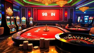 Dynamic casino scene showcasing players at a poker table with the elite brand 98WIN.