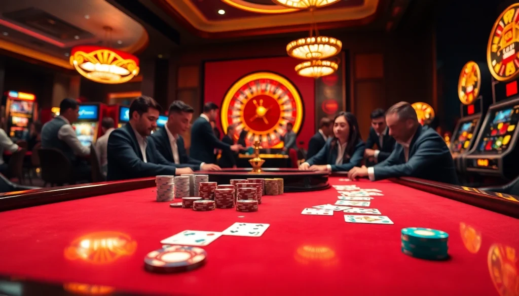 EE88 poker players strategizing at a luxurious casino table amidst thrilling game action.