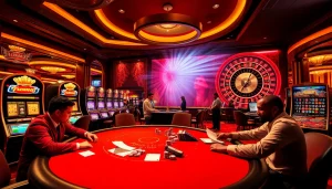 Experience the thrill of New88bet.us as players engage in high-stakes poker amidst a luxurious casino setting.