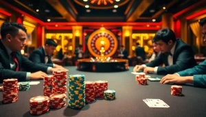 Experience the excitement of Tập đoàn truyền thông TPJ with high-stakes poker gameplay amid vibrant casino lights.