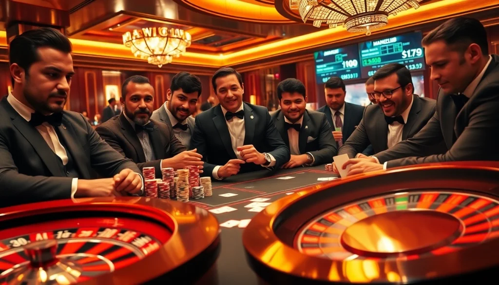 MANCLUB players engage in a thrilling poker game surrounded by colorful chips and a spinning roulette wheel.