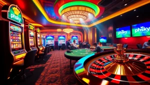 A vibrant casino scene showcasing phsky.ltd with players at a poker table and slot machines spinning.