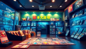 鮮やかなトレーディングカードが並ぶオンラインオリパのカードゲーム市場の興奮した場面。