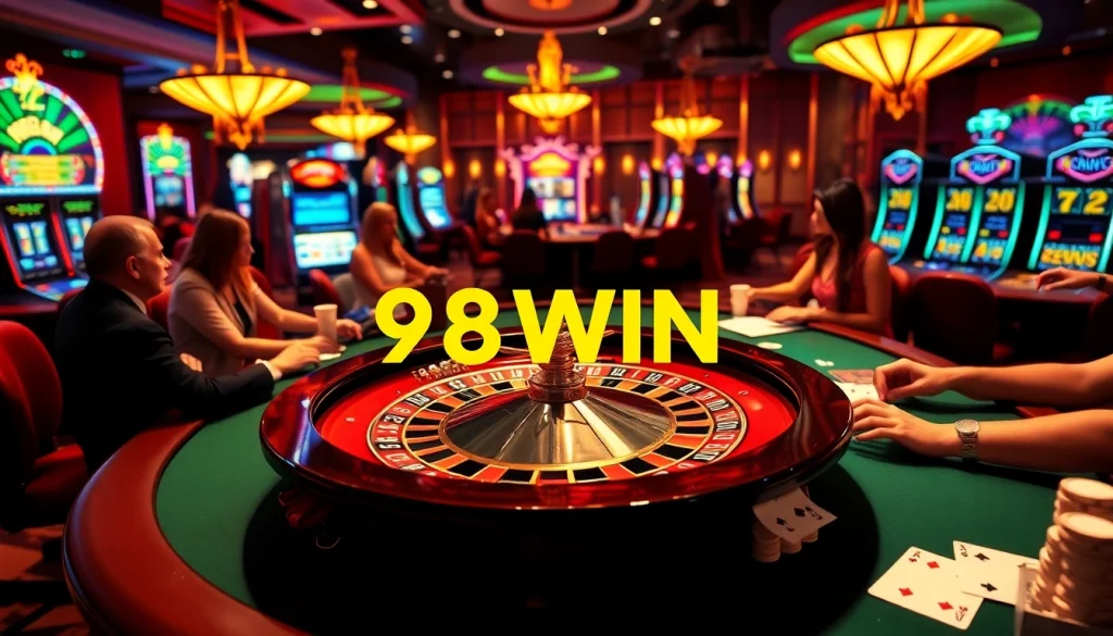 Engaging casino scene highlighting 98WIN with players at the roulette wheel and poker table.