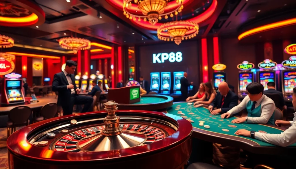 Experience casino excitement and strategy at KP88 with vibrant gaming tables and players.