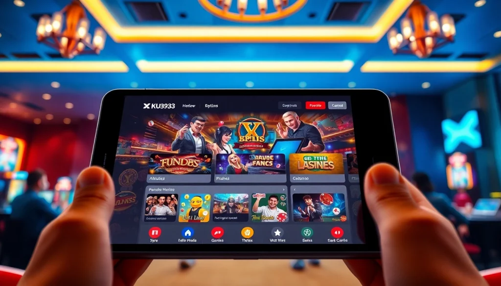 Cảnh hấp dẫn của ứng dụng KU3933 thể hiện các trò chơi sống động và giao diện người dùng thân thiện trong một lounge chơi game phong cách.