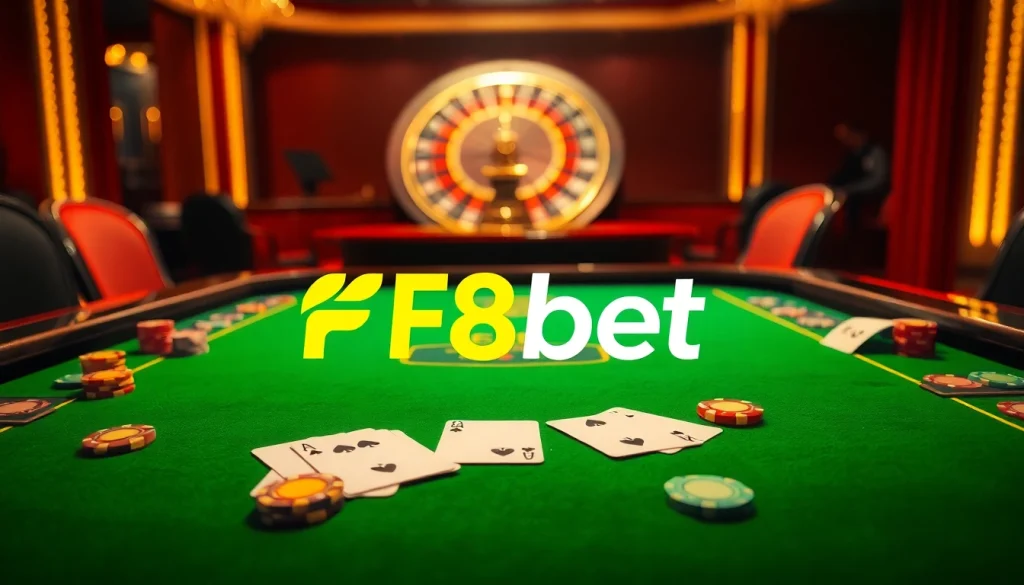 Experience the thrill of F8bet with vibrant casino elements like poker chips and a roulette wheel.