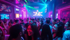 上海的刺激夜生活场景，体现吃瓜百科，充满热闹的俱乐部氛围和欢乐的狂欢者。