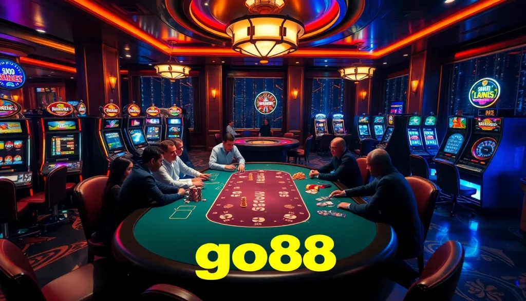 Players enjoy a thrilling poker game at go88 casino, surrounded by lively slot machines.