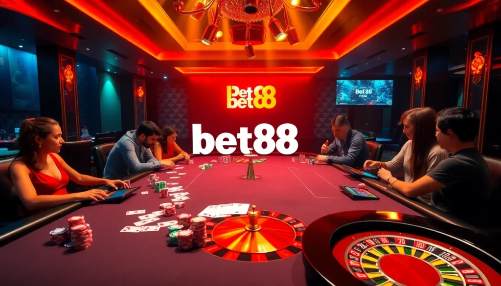 A vibrant gaming scene at Bet88 with colorful poker chips and roulette wheels highlights the excitement of casino gambling.