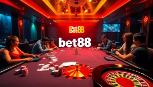 A vibrant gaming scene at Bet88 with colorful poker chips and roulette wheels highlights the excitement of casino gambling.
