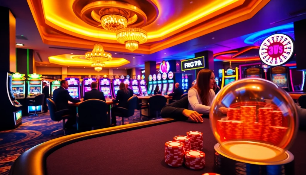 Exciting FUN79 gaming scene with poker, slot machines, and vibrant casino atmosphere.