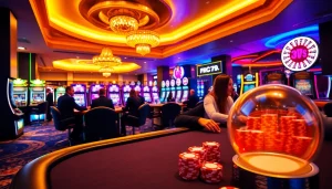 Exciting FUN79 gaming scene with poker, slot machines, and vibrant casino atmosphere.