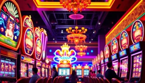 Menampilkan pengalaman slot depo 1k dengan mesin slot yang menarik dan suasana kasino yang energik.