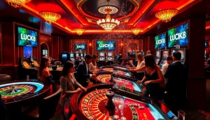 Trải nghiệm cảm giác phấn khích tại Casino LUCK8 khi người chơi ăn mừng chiến thắng lớn trên máy đánh bạc giữa không gian trang trí sang trọng.