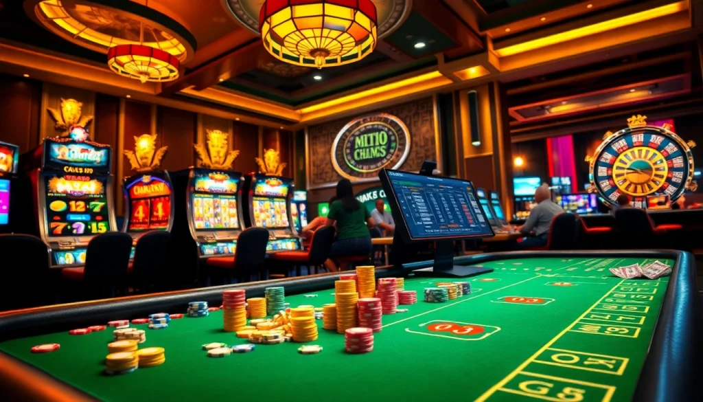 Engaged players at a vibrant casino table showcasing the excitement of gambling at https://nk88net.com/ with colorful chips and cards.
