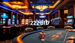 An engaging portrayal of high-stakes gambling action at 222BD Casino, featuring poker tables and slot machines.