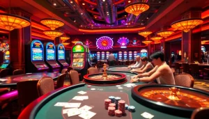 Experience excitement and luxury at KKWIN's vibrant casino settings with poker tables and slot machines.