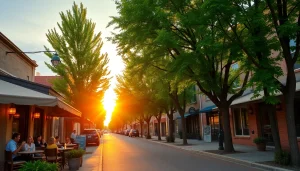 Explore Clarksburg CA's vibrant café scene surrounded by historic buildings and lush greenery.