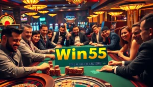 Players enjoying high-stakes poker at a luxurious casino featuring Win55 betting interface and vibrant elements.