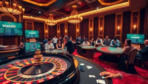 Players engage in exciting gaming action with Vua99-themed poker chips and roulette at the casino.