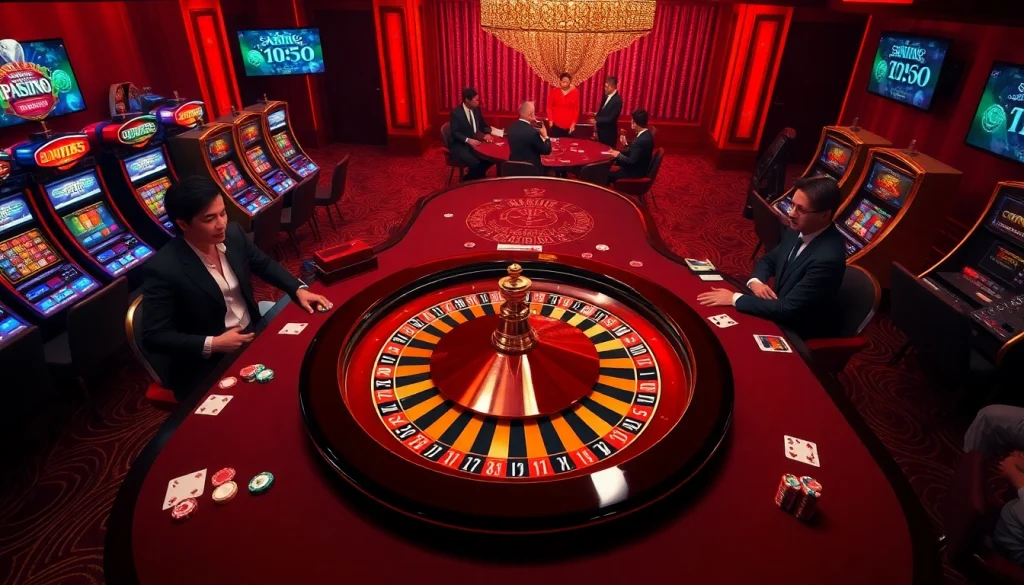 Players enjoying thrilling roulette action at a luxurious casino featuring https://kk55.global/ tables and vibrant slot machines.