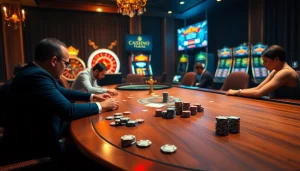 Experience excitement at a luxurious 'casino en ligne francais' with players at a high-stakes poker table.