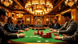 Players enjoy a thrilling poker game at a KJC luxury casino table.