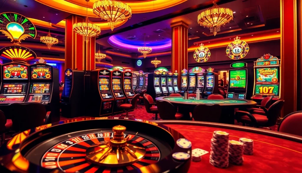 Experience high stakes at 555win1.it.com with a glamorous casino scene featuring roulette and poker tables.