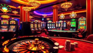 Experience high stakes at 555win1.it.com with a glamorous casino scene featuring roulette and poker tables.