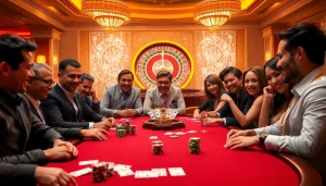 Engage in the thrilling casino scene with players at https://kuwinzhz.com/, surrounded by poker chips and a spinning roulette wheel.