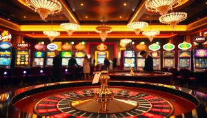 Experience the excitement of gambling at 5z7776 com with an elegant roulette and slots scene.