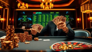 Engaging casino ambiance portraying poker excitement reflecting ma66.date with chips, cards, and a roulette wheel.