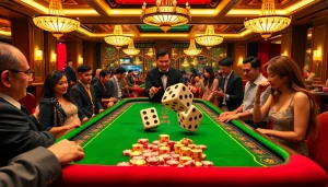 Experience the thrill of tai xiu at an exciting casino table with vibrant dice and betting chips.
