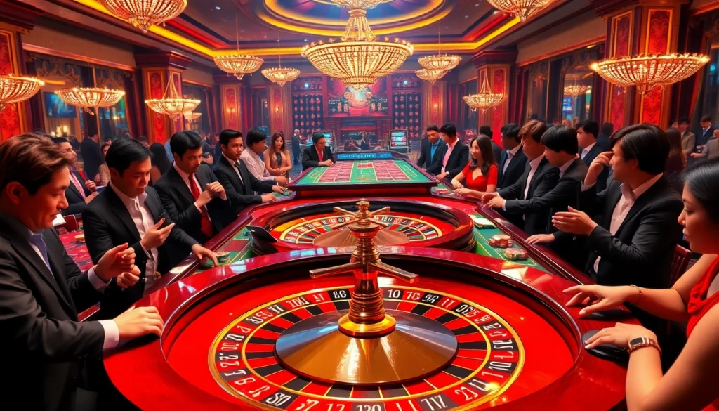 Experience the thrill of WN678 as players engage passionately at a roulette table in a luxurious casino.
