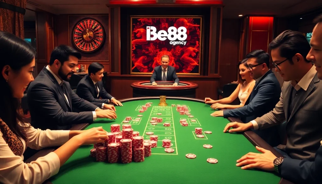 Players engaging in poker at Bet88vn.agency, showcasing excitement and professionalism in a vibrant casino.